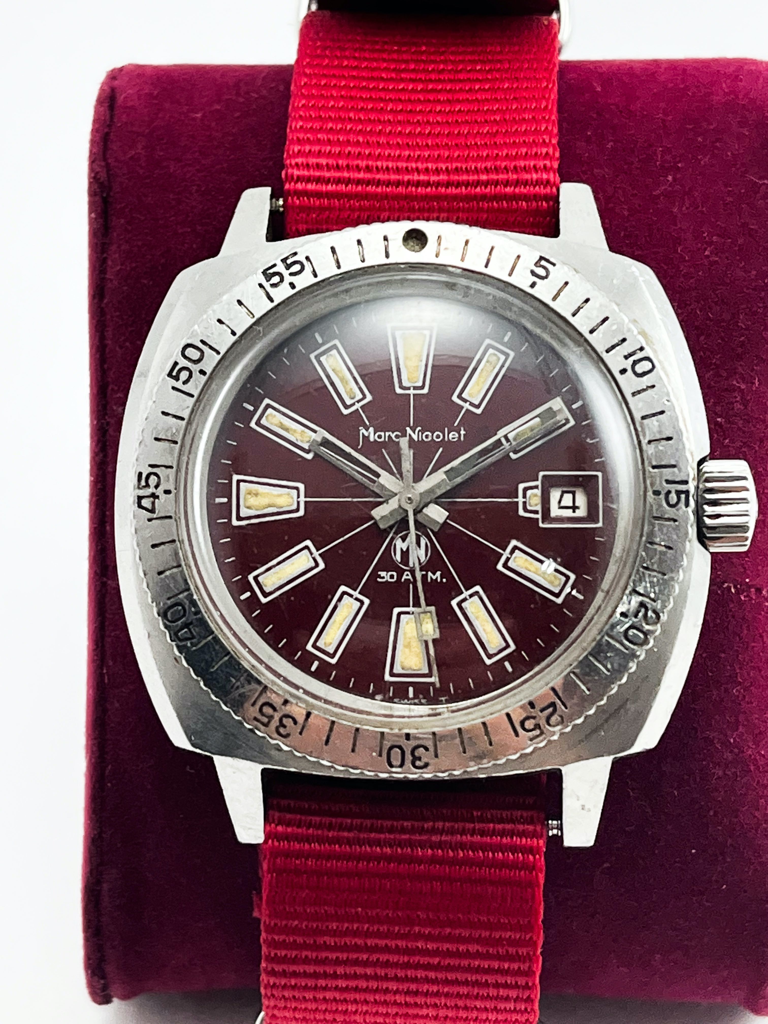 Marc Nicolet Super Compressor Case 1960'S Automatic Mens Wristwatch 30ATM Date Oxblood Red Dial