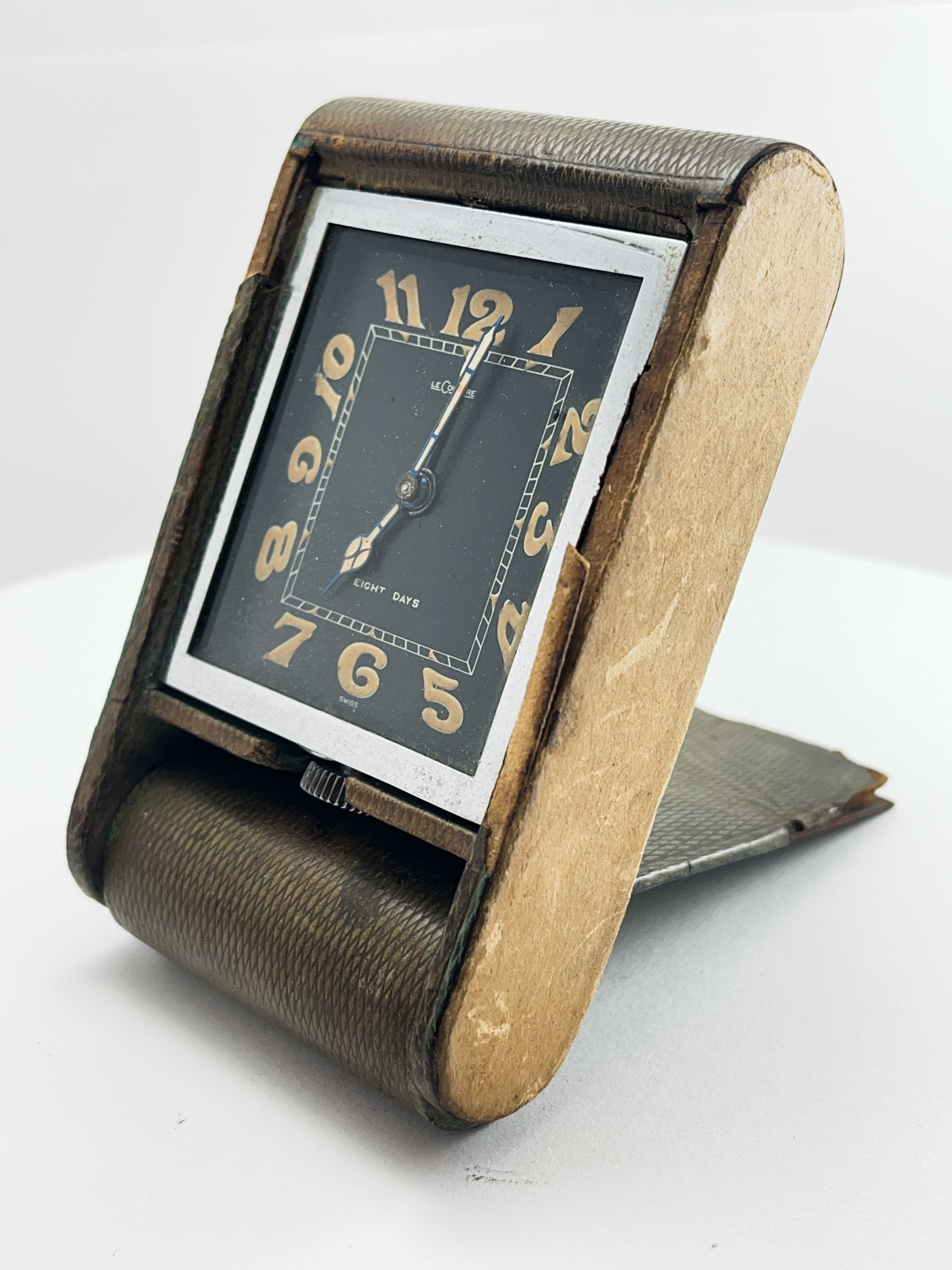 Jaeger Lecoultre Foldable Vintage Travel Desk Alarm Clock 8 Day Black Dial Arabic Numerals c1920 - Image 2 of 4