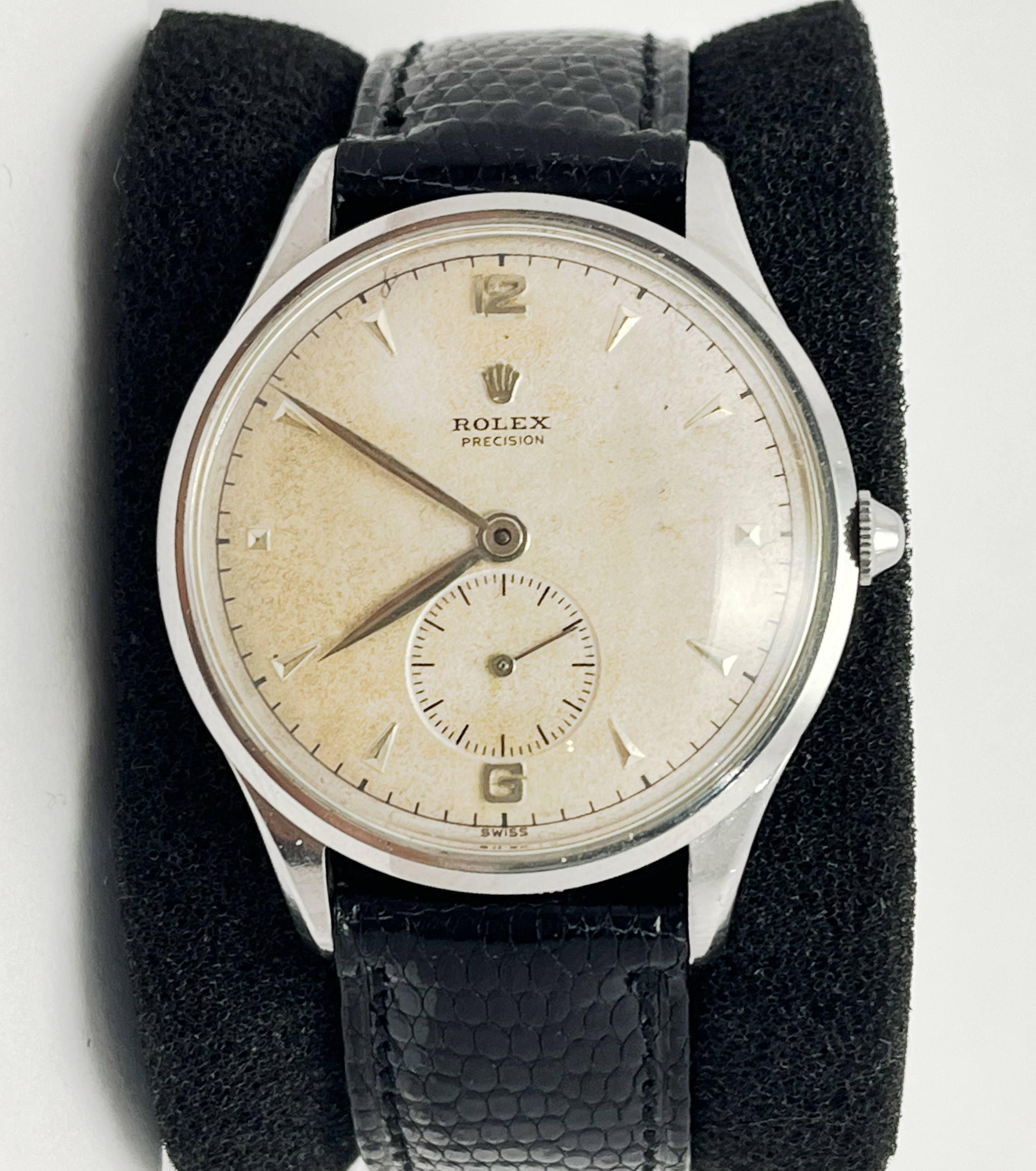 Rolex Snapback Precision, Vintage Mens Wristwatch, Rolex Buckle, Black Leather strap, c.1950's