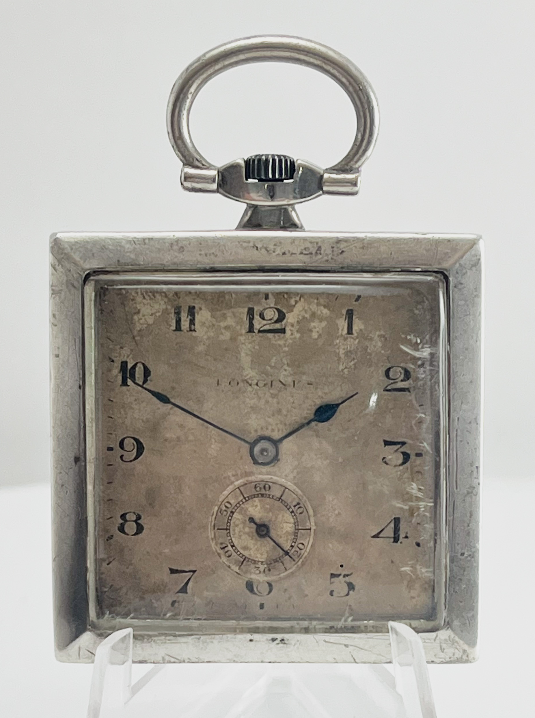 Longines Rare Square Pocket Watch Silver .900 1911 Manual Wind Arabic Numerals