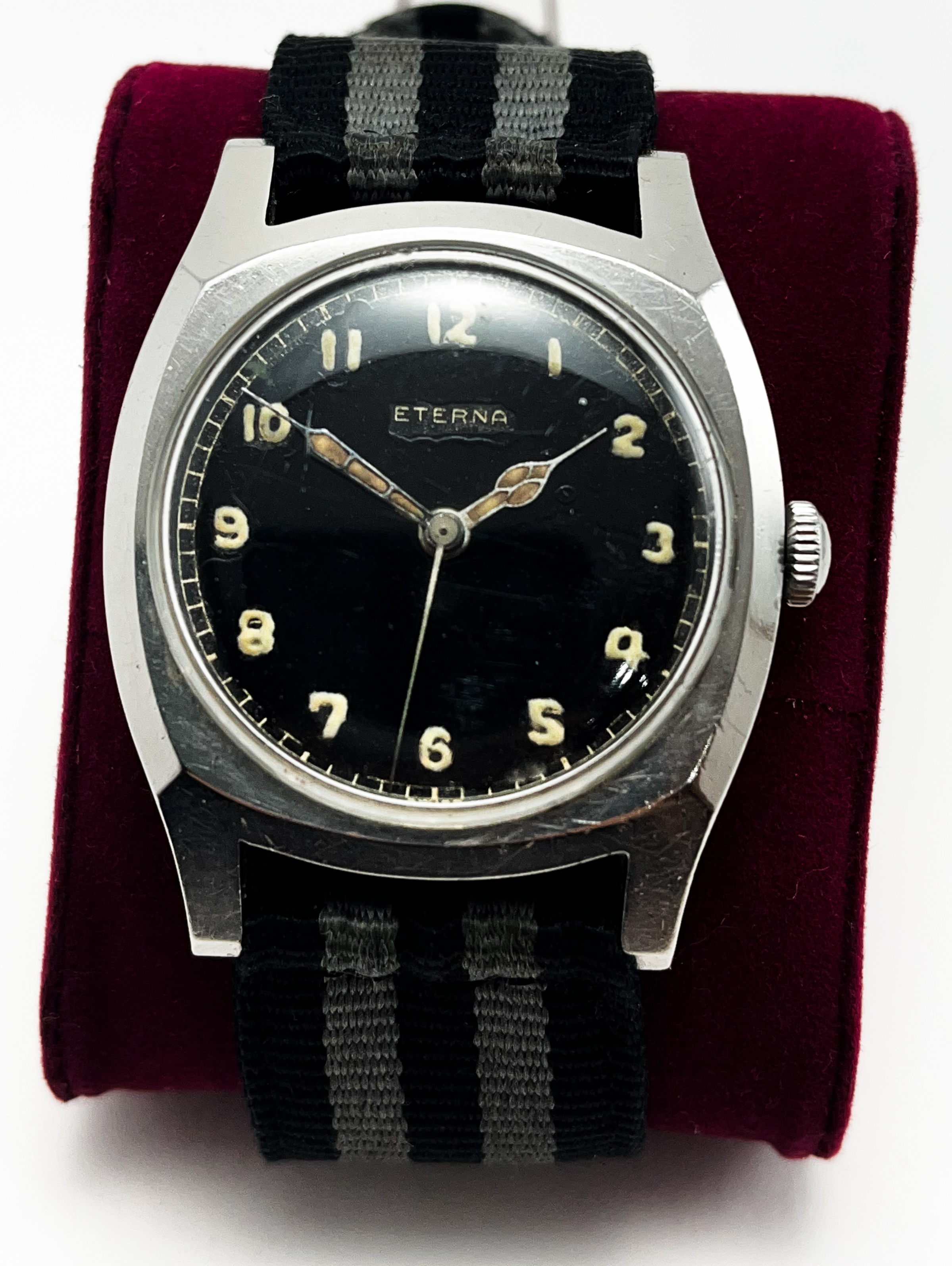 Eterna Military 1948 Mens Wristwatch Manual Wind stainless steel, black original dial, good