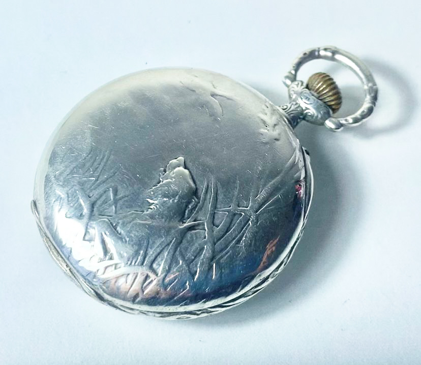 Longines 1910 High Grade 15j Pocket Watch Open Face Silver 800 Hallmarked Case with Hunting Scene - Image 2 of 4