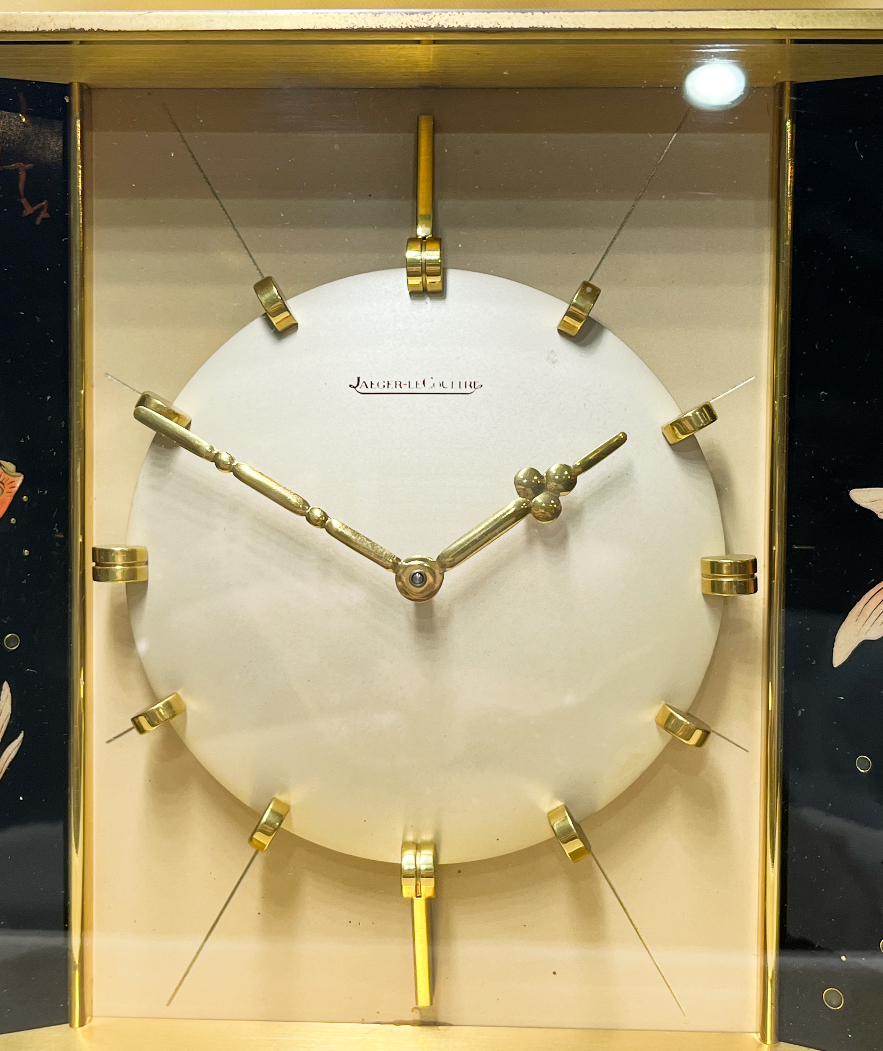 Jaeger Lecoultre Rare Double Panel Hand Painted Skeleton Enamel Koi Fish Ref 491 Desk Clock With Box - Image 2 of 4