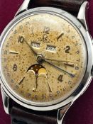 Omega Moon Phase Day Month 1947 Manual Wind Ref 2486-1 Mens Wristwatch Arabic Numerals Brown Leather