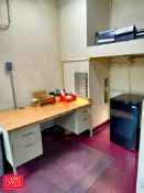 Desks with Drawers, (2) Tables, Cabinet, Magic Chef Mini Fridge, (2) Monitors, Keyboards, Book Shelv