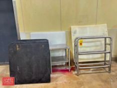 S/S Rack, (6) Plastic Pallets, (2) Poly Table Tops: 4’ x 4' and S/S Table: 2' x 20