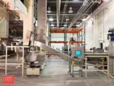 Van Pak S/S Framed Elevator Conveyor: 12’ x 18” with (2) Syntron Vibratory Hoppers, Poly Dust Shield