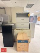 Assorted Filing Cabinets, Shelving Units and NEW Uline Computer Cart - Rigging Fee: $350
