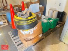 (2) NEW Aquaguard Eye Wash Stations, (3) NEW 5 Gallon Bucket Racks, Gaskets, Belting, (4) Flexaust 2