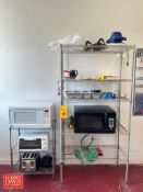 (2) Microwaves, Toaster Oven, Toaster, Cutlery Caddy and (2) S/S Speed Racks - Rigging Fee: $225