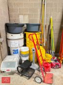 Assorted Trash Receptacles, Buckets, Mop Bucket, Painting Supplies, Pipe Insulation, U-Line Rolling