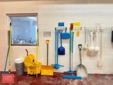 (4) Wall-Mounted Utility Racks with Assorted Shovels, Brooms and Dust Pans - Rigging Fee: $200