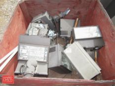 (9) Assorted Halide Lights Estimated 400-450 Watt: in Wooden Bin - Rigging Fee: $75