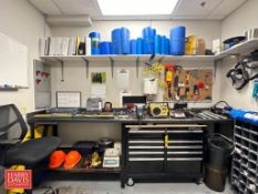 Assorted Conveyer Belts, Mallets, Screw Drivers, Levels, Wrenches, Oil Guns, Heat Gun, S/S Digital