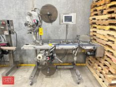 MR Portable Pressure Sensitive Labeler with Infeed and Discharge Belt Conveyor, Adjustable Rails