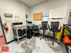 (2) Foreman's Desks, Filing Cabinet, (3) Roller Chairs, White Board and Cork Board