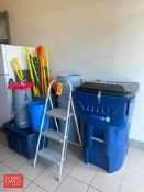 Assorted Brooms and Handles, Receptacle Cans, 5 Gallon Poly Buckets, Folding Stairs, Tote, Scrub