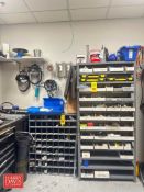 Assorted Hardware, Including: Equipment Bolts, Washers, Nuts, Valves, Fittings, Shelving: 3’ x 1’