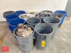 Assorted Plastic Tabletop Conveyor Chain: 7.5” Width and (14) 30 Gallon Trash Cans with Carts -