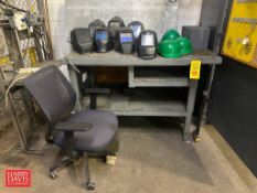 (7) Face Shields, Bump Caps, Steel Desk: 55” x 3’ and Chair - Rigging Fee: $100