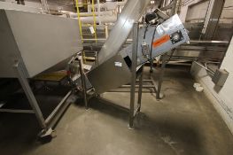 S/S Incline Conveyor,with Cleated Belt, Aprox. 5 ft. Tall Belt to Floor, Aprox. 12 ft. W Belt,