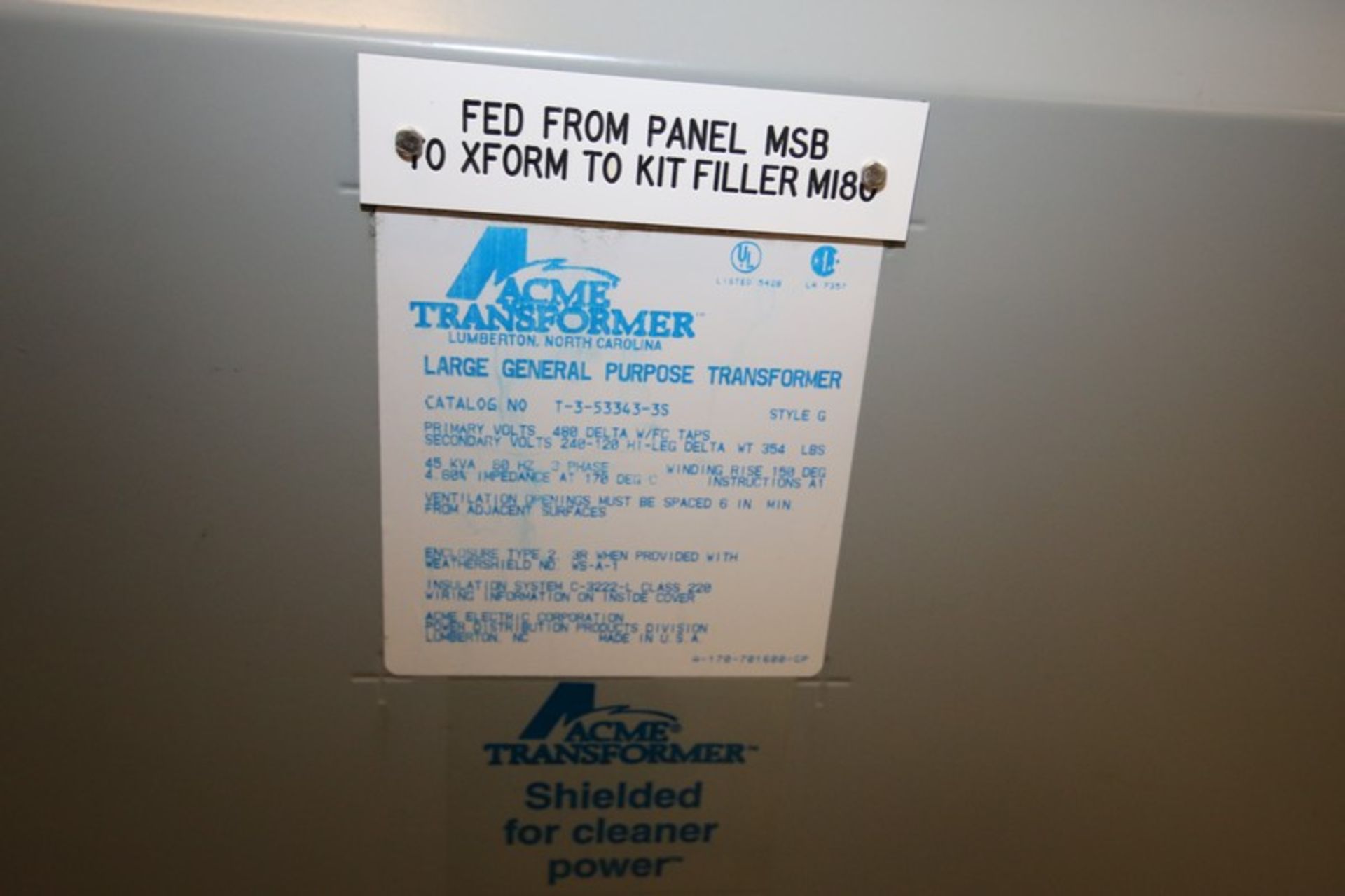Acme 30 KVA Transformer, Cat. # T-3-53343-3S, Primarily Volts 480 Delta, Secondary Volts 240-120 - Image 2 of 2