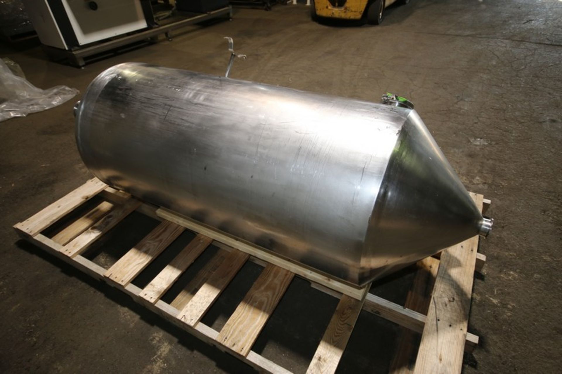 Aprox. 160 Gal. Dome Top Cone Bottom S/S Tank, (Aprox. 77” L x 29” W), with (3) 4” & 2” CT Top - Image 3 of 4
