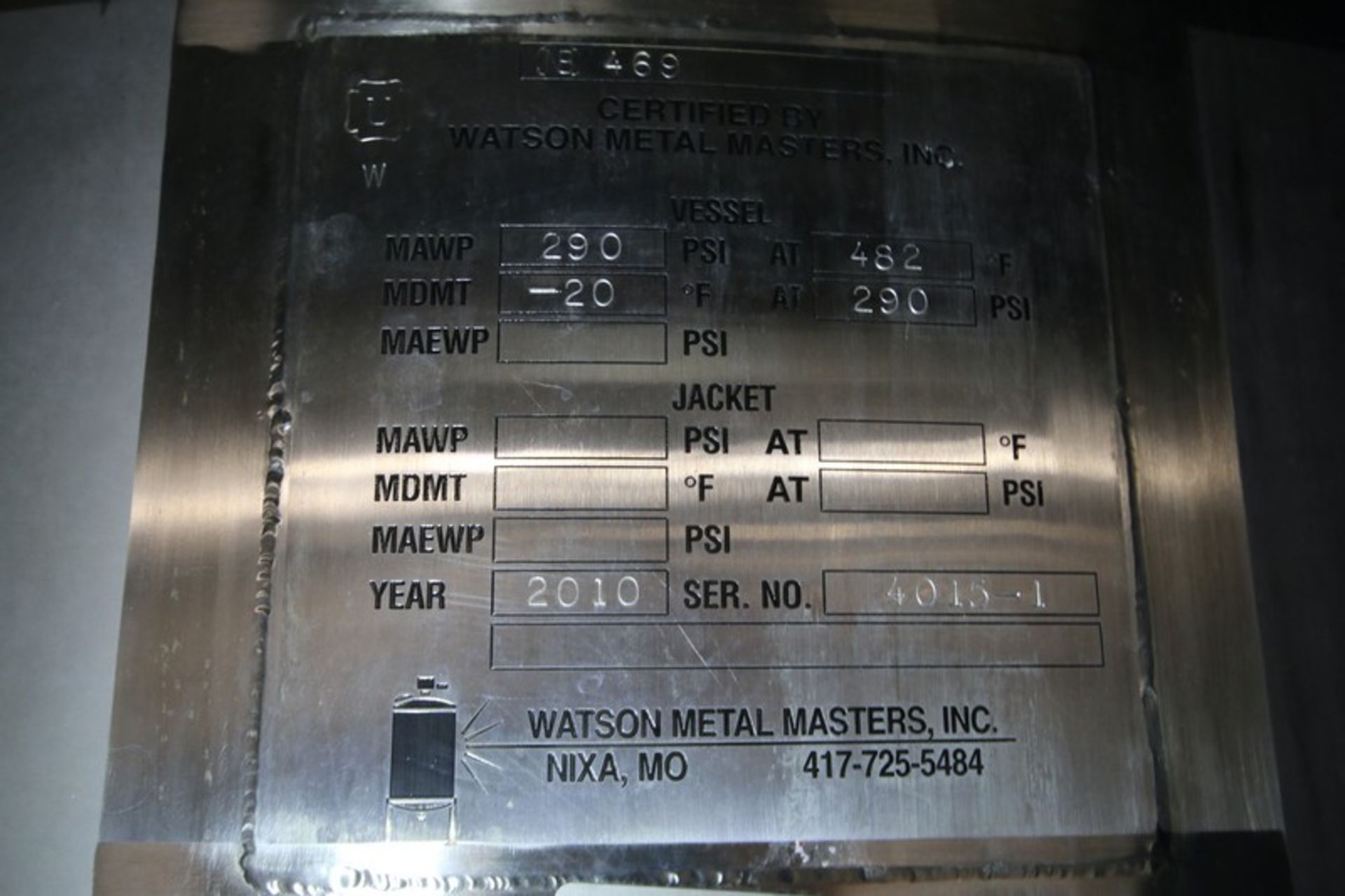 2010 Watson Aprox. 300 Gal. Dome Top, Dome Bottom Jacketed S/S Reactor Tank, SN 4015-1, MAWP 290 psi - Image 10 of 10