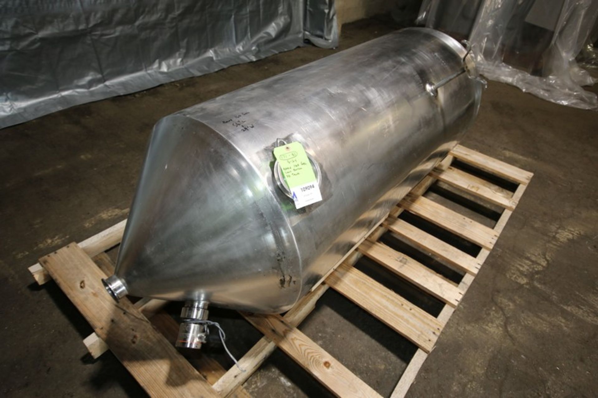 Aprox. 160 Gal. Dome Top Cone Bottom S/S Tank, (Aprox. 77” L x 29” W), with (3) 4” & 2” CT Top - Image 2 of 4