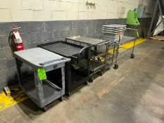 (2) Plastic Push Carts, with (2) S/S Push Carts, & (1) Portable Push Cart Shelving Units, Overall