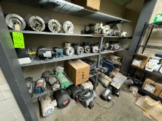 Lot of Assorted Motors & Drives, Assorted Sizes & Styles, Includes Shelving Units