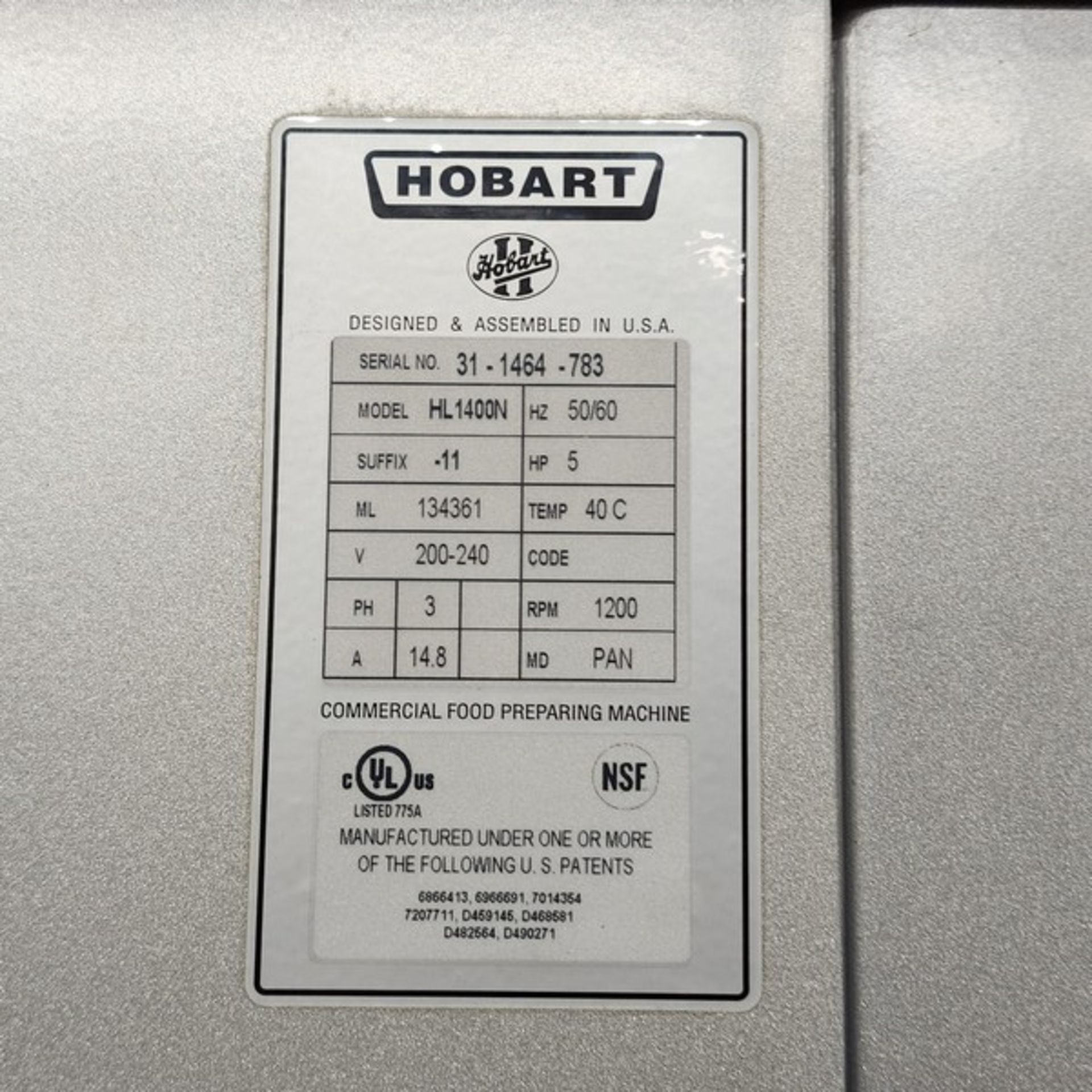 Hobart Mixer Model Legacy HL 1400N Serial Number 31-1464-783 with Bowl 140 pint. Flat aluminium - Image 3 of 5
