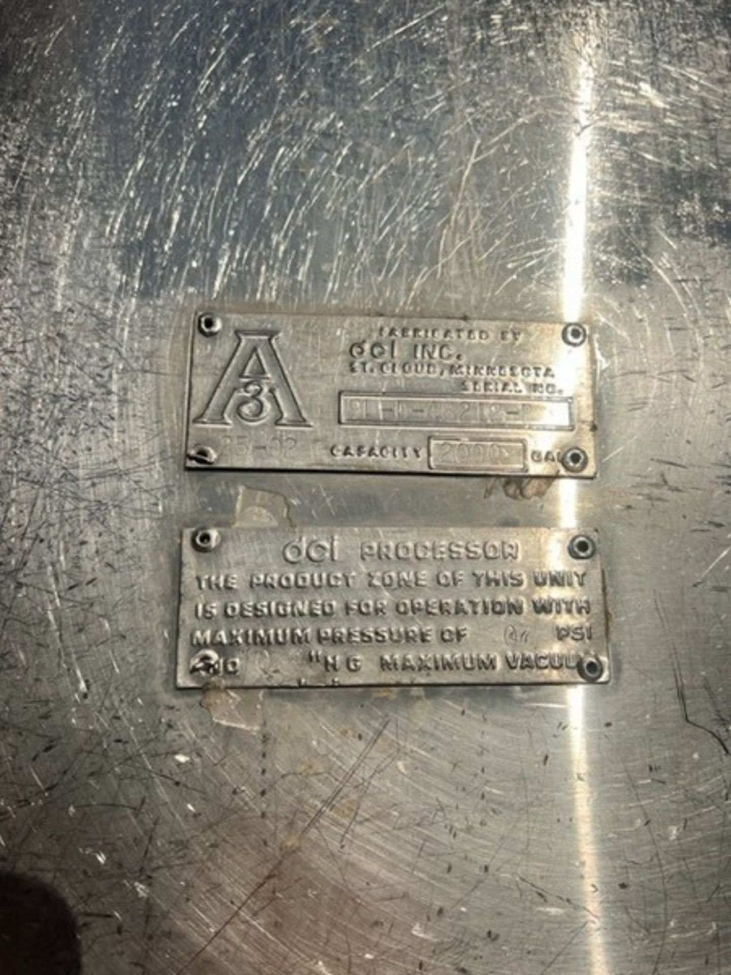 DCI 2,000 Gal. Jacketed Tank, S/N 91-D-48212-B with Vertical Wide Sweep Agitation, Jacketed - Image 3 of 7