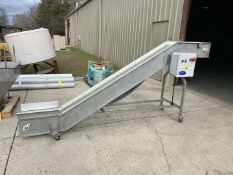 APPROXIMATELY 12” WIDE X 12’ LONG PORTABLE STAINLESS STEEL FRAME INCLINED BELT CONVEYOR WITH DRIVE