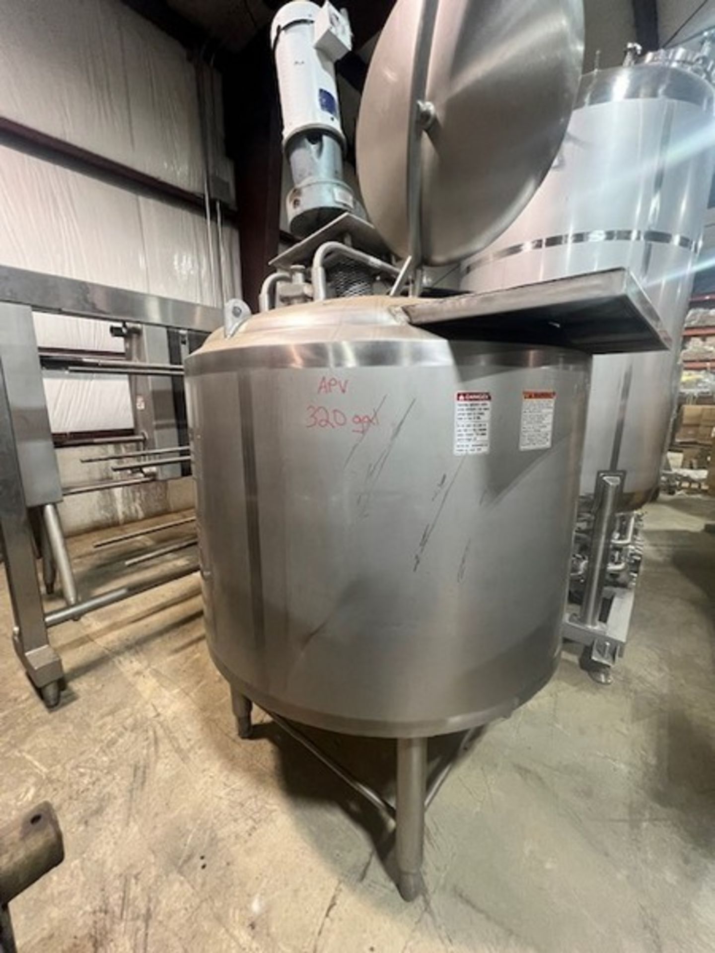 APV 320 Gal. Vertical Jacketed Tank, Model CCA, S/N K2163 with 2-Manway Doors, Sprayball, Adjustable