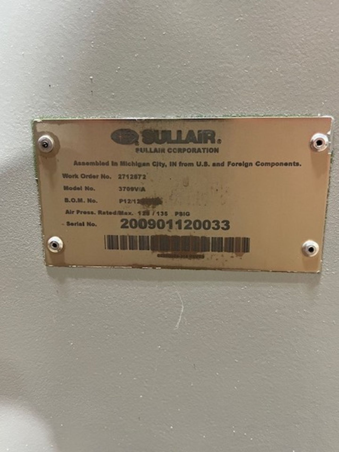 Sullair 50 hp Air Compressor, Model 3709V/A, S/N 2009011200033, Year 2008, Air Pressure Rated Max - Image 10 of 15