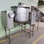 Cleveland Twin direct steam kettles 80 gallons mixing TMKDL80T 316SS Hydraulic Mixer. 208 volts ,