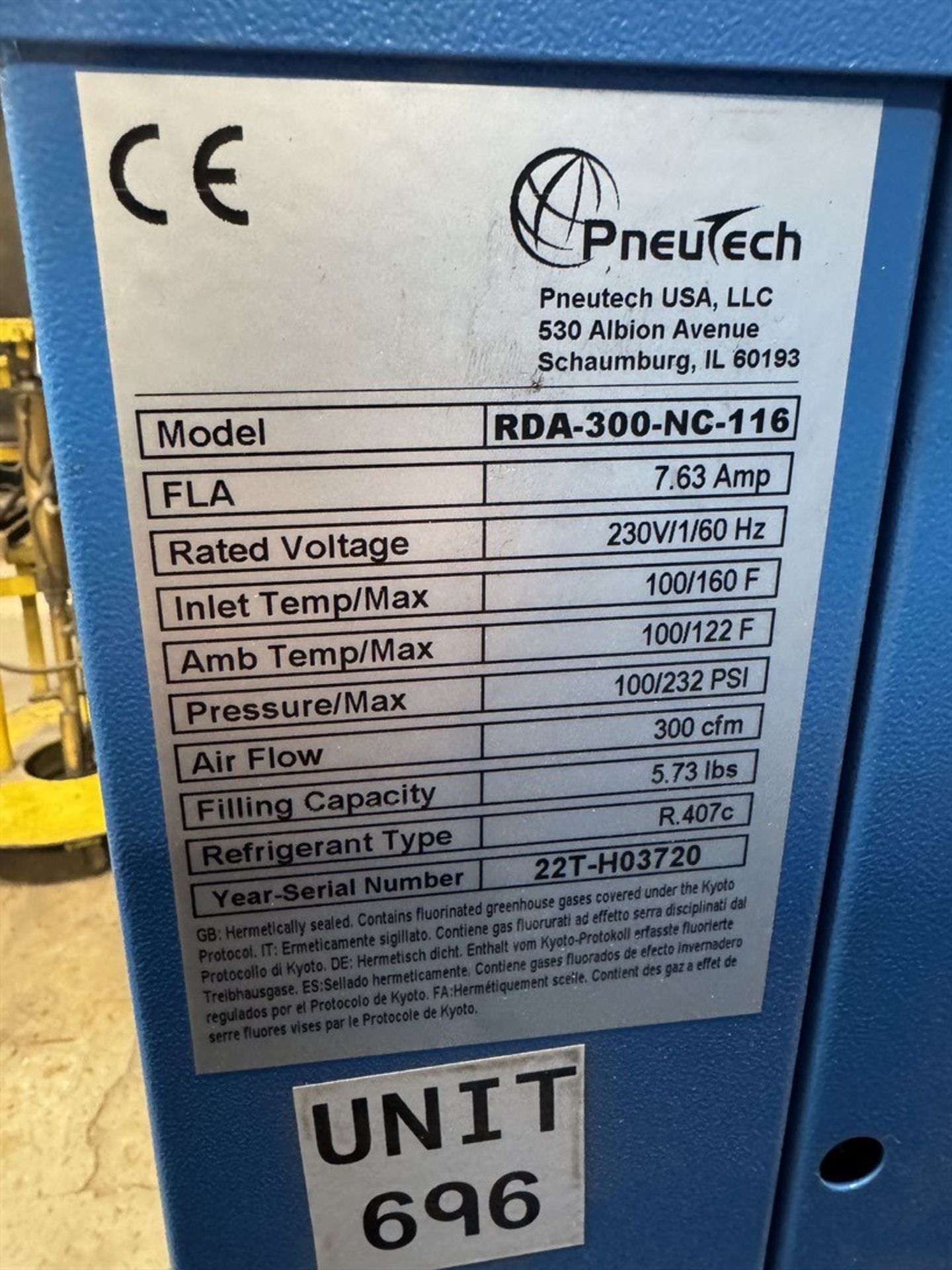 PNEUTECH RDA-300-NC-116 Refrigerated Air Dryer, s/n 22T-H03720, 300 cfm - Image 4 of 4