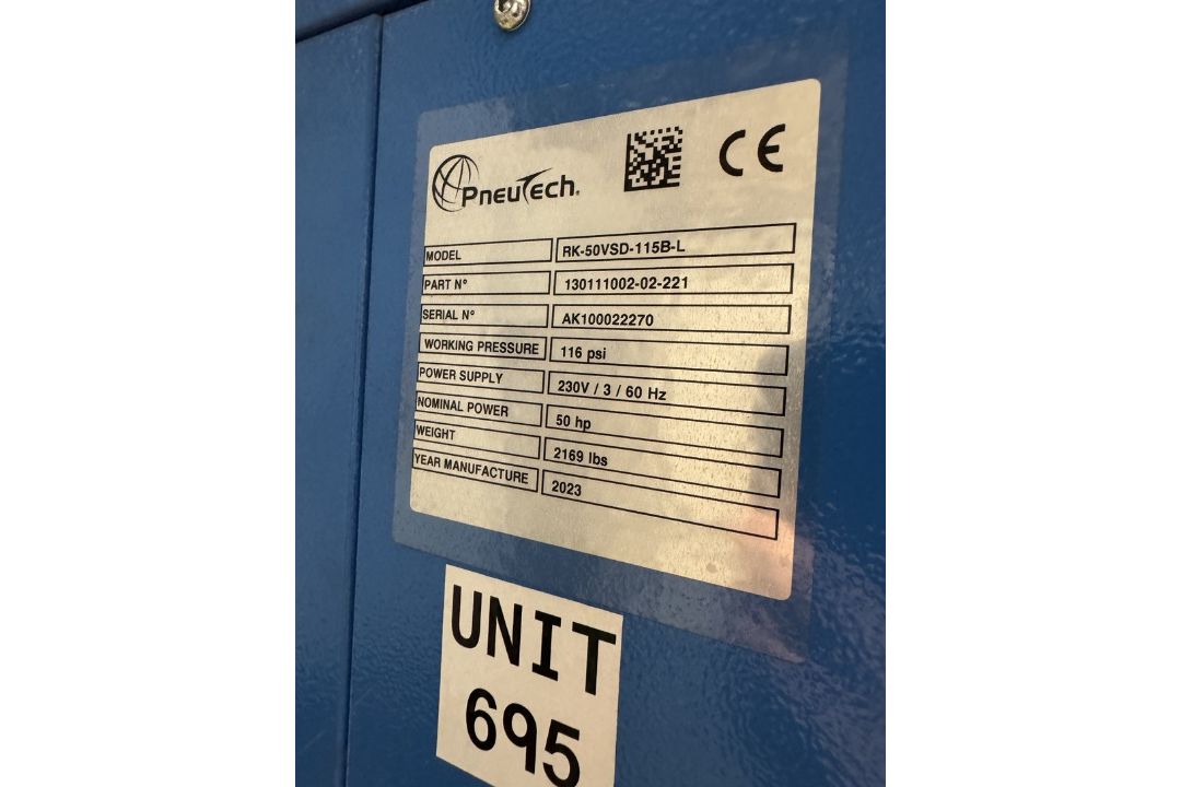 2023 PNEUTECH RK-50VSD-115B-L 50 HP Rotary Screw Air Compressor, s/n AK100022270, w/ 116 PSI - Image 5 of 5