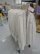 Uline Portable Coat Rack w/ Red Kap Fabric Lab Coats