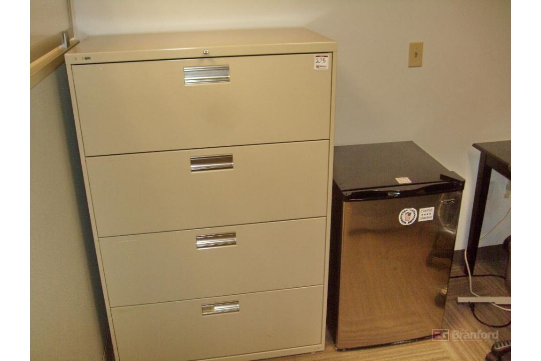 Hon 4-Drawer Lateral Filing Cabinet, Kenmore Mini Fridge - Image 1 of 7