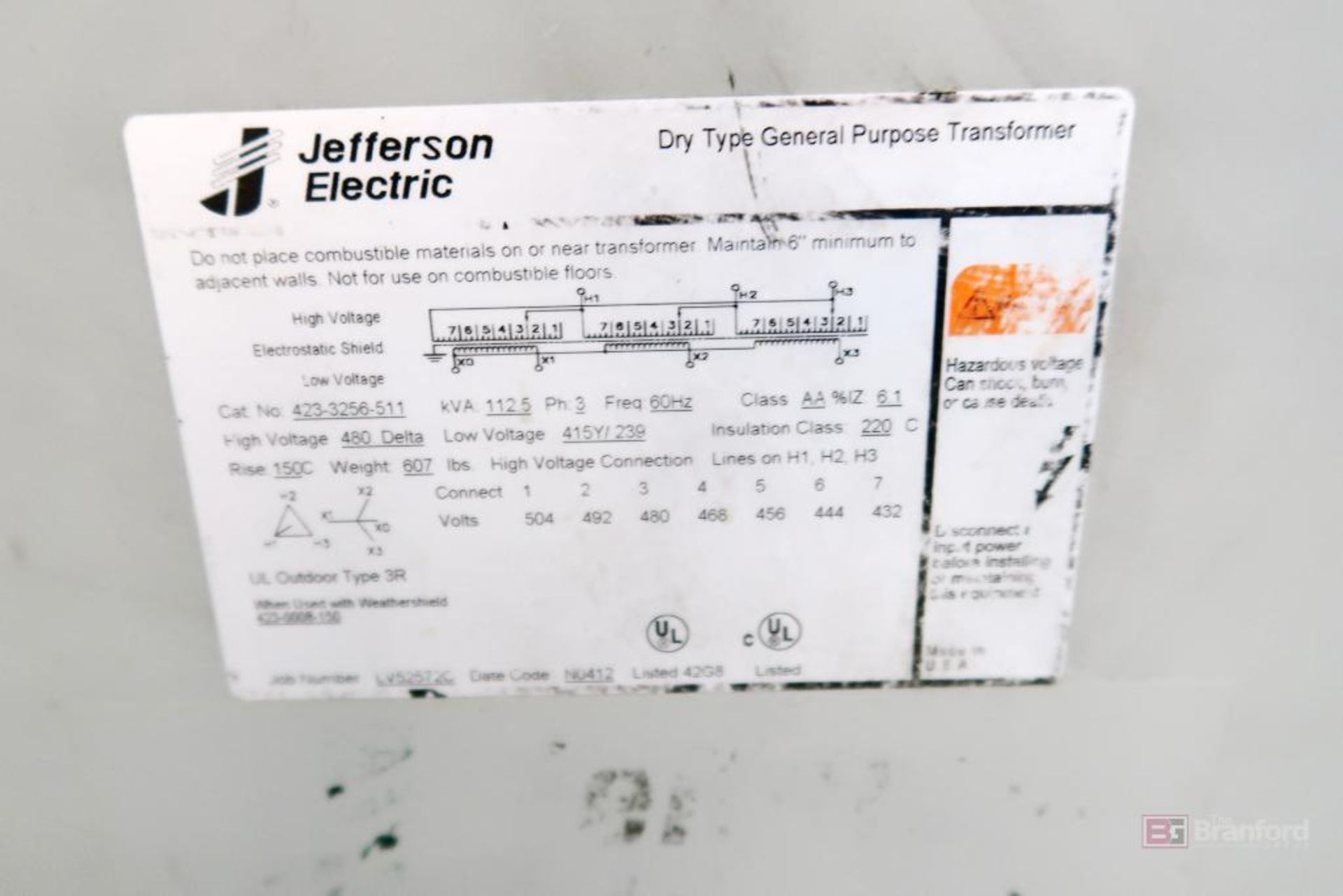 Jefferson Electric Transformer 112.5-kVA - Image 2 of 2