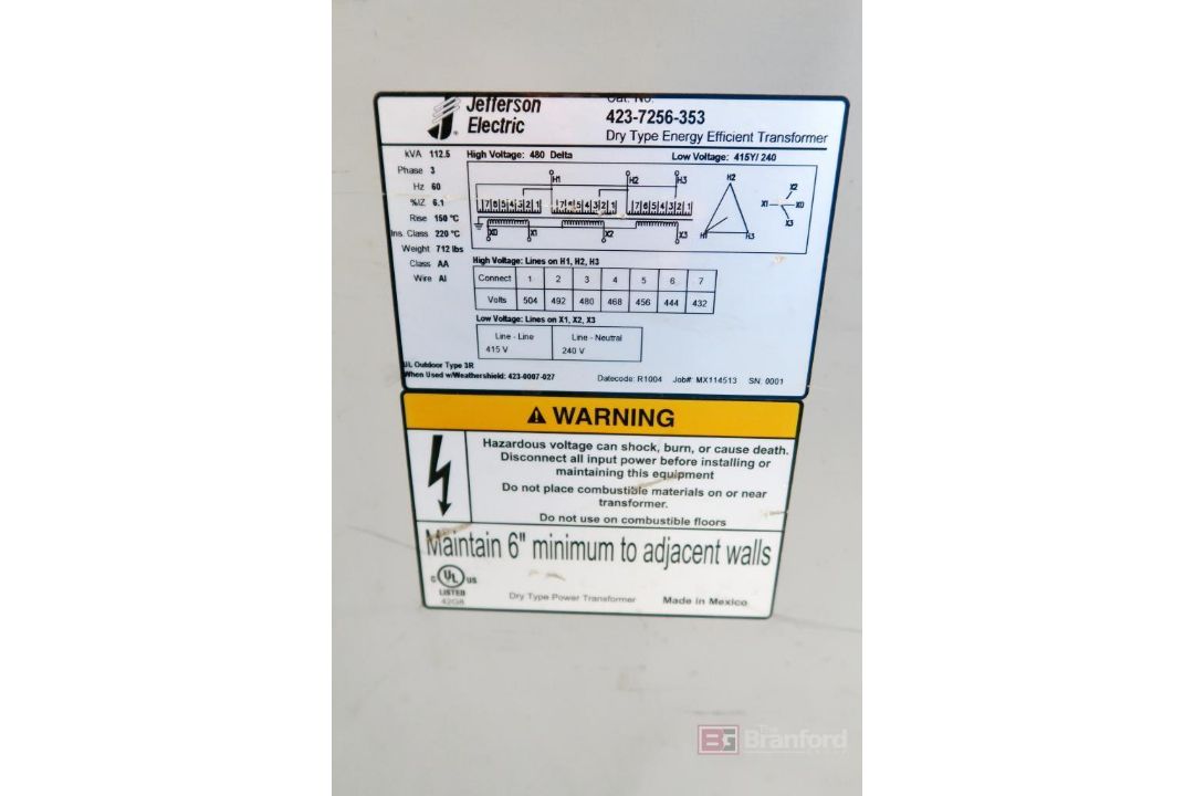 Jefferson Electric Transformer 112.5-kVA - Image 2 of 2