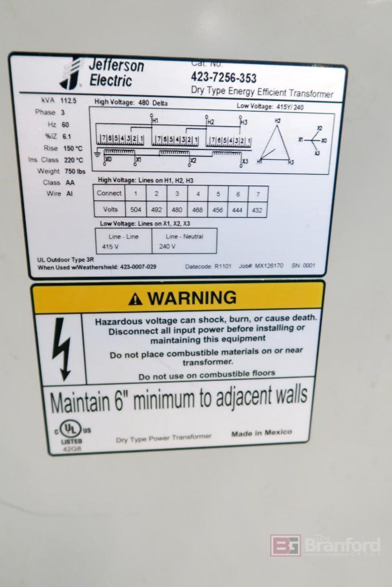 Jefferson Electric Transformer 112.5-kVA - Image 2 of 2