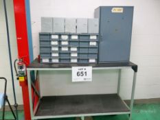 Aluminum Table w/ 30-Drawer Small Parts Bins, 2-Door Metal Cabinet