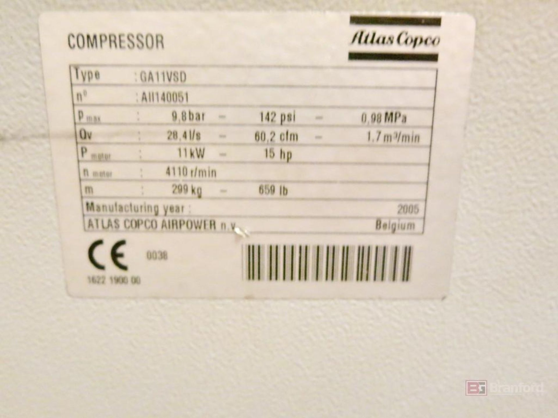 Atlas Copco Model GA11VSD-FF 15-HP Air Compressor - Image 4 of 7
