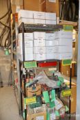 Shelving unit and contents inc Bearings, bandsaw blades, steel wire cable, etc