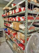 Shelving unit and contents inc ABB relays, plug controls, highspeed counter, fuses, etc