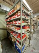 Shelving unit and contents inc Power supplies, siemens parts, battery backups, temp gauges, etc