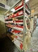 Shelving unit and contents inc tubing, transformers, casters, etc